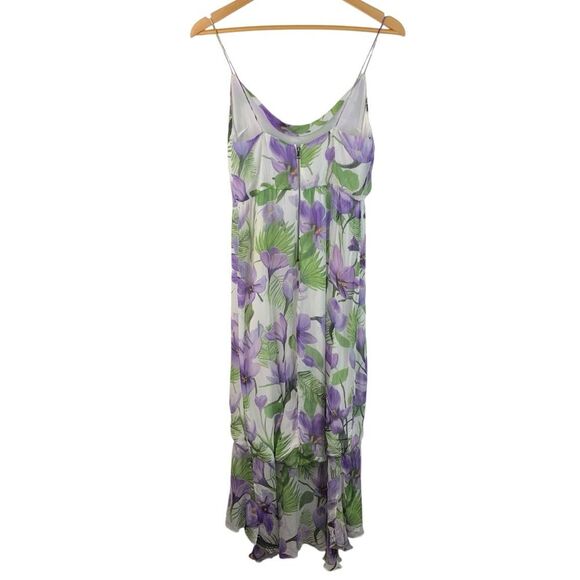 ALICE + OLIVIA White Purple Green Floral Print Cowl Neck Ruffle Slit Dress Sz 0 - Picture 3 of 13